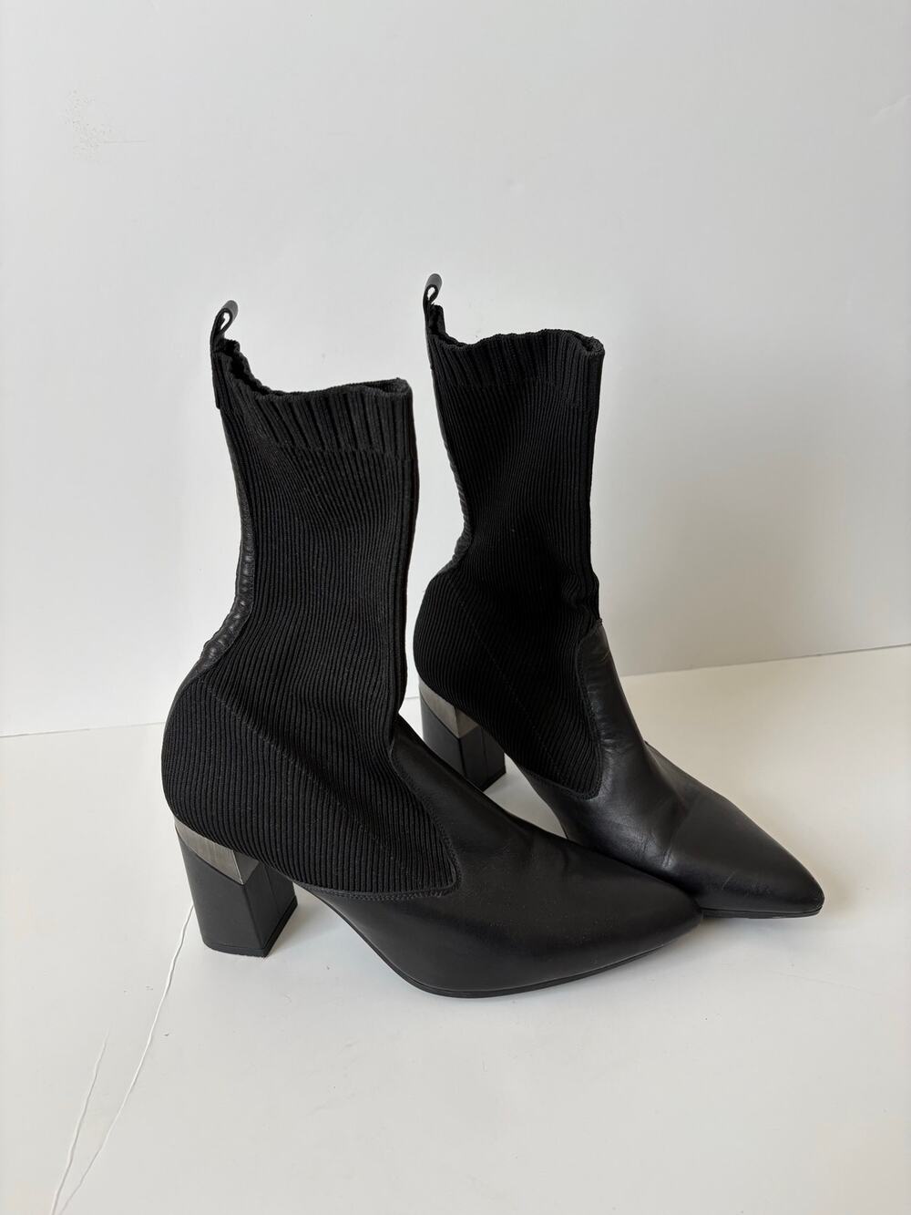Hispanitas Black Leather Knit Sock Ankle Boots EU41 Pointed Toe Block Heel Spain